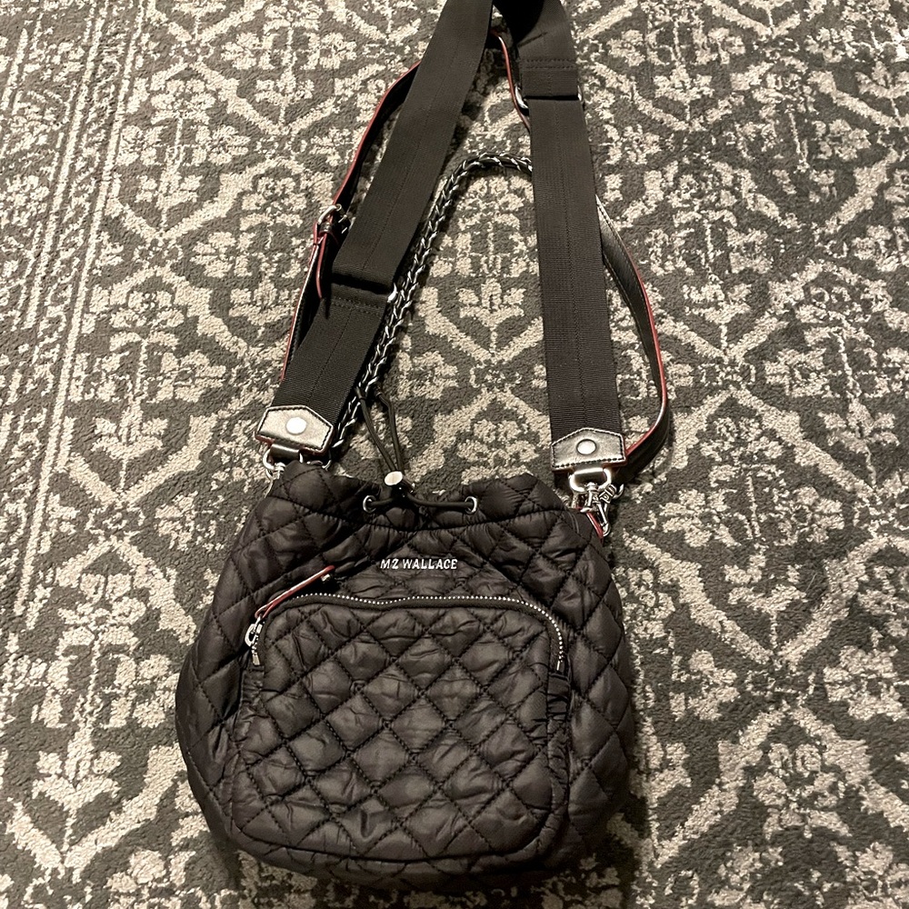 MZ WALLACE CROSBY DRAWSTRING BUCKET BAG BLACK QUILTED